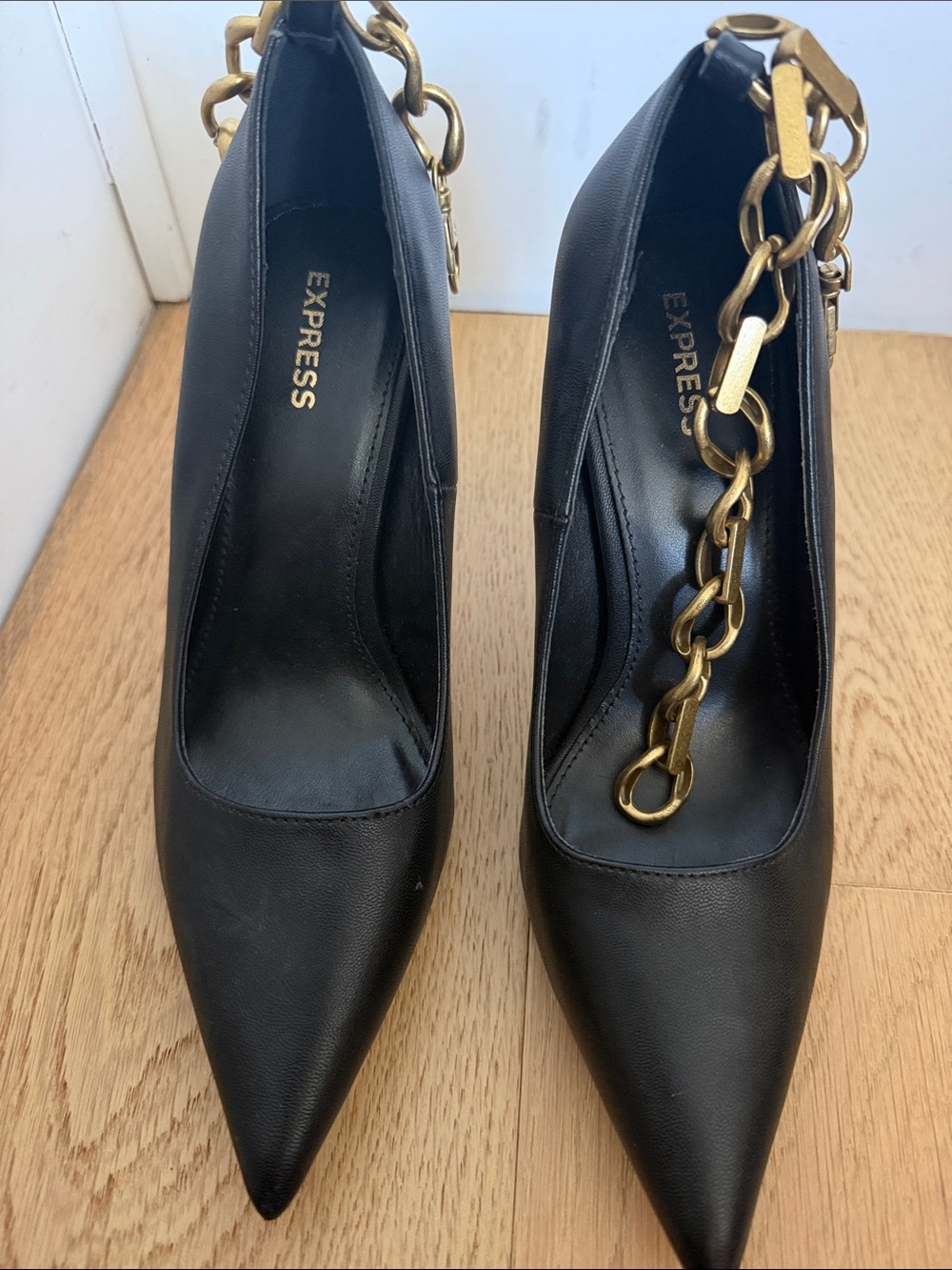 Express Black Pointed Toe Pumps with Gold Chain Strap